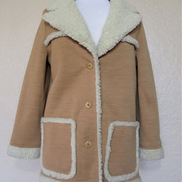 Vintage 1970s Butte Knit Sherpa Jacket, Peacoat, Medium Women, Tan Knit, Faux Fleece Lining & Trim 