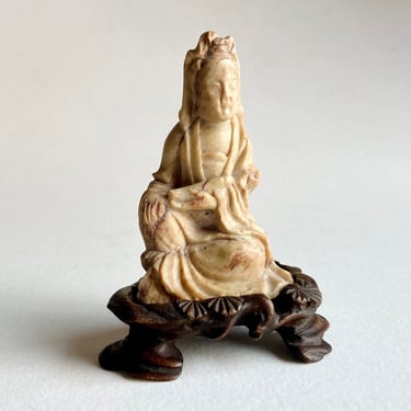 AS IS Antique Chinese Carved Soapstone Seated Guanyin Figure & Fitted Wood Stand 
