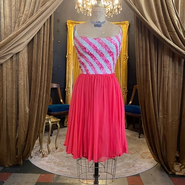 1960s cocktail dress, hot pink chiffon, vintage 60s dress, fit and flare, sequin stripes, x-small, barbiecore, iridescent, party, mrs maisel 