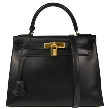 Hermes 1996 Black Box Calf Kelly 28 Sellier 2way Shoulder Handbag