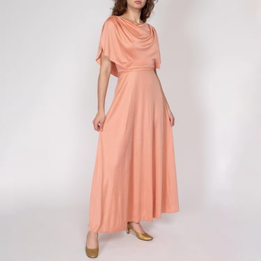 Small 70s Grecian Peach Draped Back Evening Gown | Vintage Blouson Boho Formal Maxi Dress, Wedding Guest Dress 