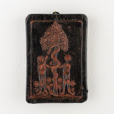 Small Adam and Eve Wax Carving Wall Plaque, Small Religious Wall Decor 