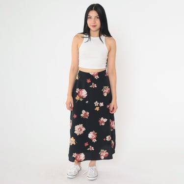 Vintage 90s Black Floral Skirt Midi Grunge Boho 1990s Hippie Festival Straight Cut Retro Red Yellow Flower Print Extra Small xs 