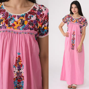 Oaxacan Maxi Dress 70s Pink Mexican Embroidered Dress Floral Puebla Short Sleeve Tent Hippie Boho Summer Cotton Long Vintage 1970s Medium 