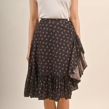 1970s Asymmetrical Western Floral Cotton Ruffle Skirt