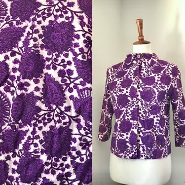 Vintage purple floral long sleeve collared 50s top size xs 