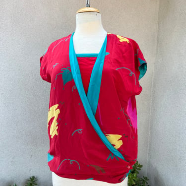 Vintage New Wave red blue silk tube top with jacket Sz Small by Dianne B 