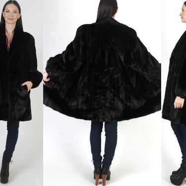 Mid Length Mahogany Mink Jacket , Cropped Dark Brown Fur Coat, Large Rolled Shawl Collar, Womens Wedding Swing Overcoat 