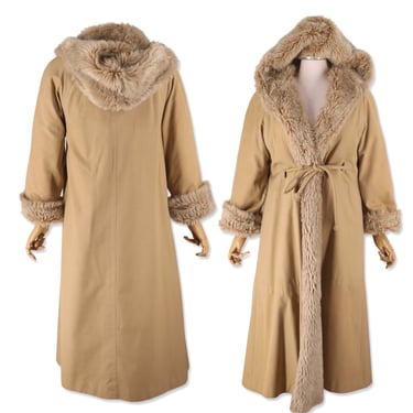 Bonnie Cashin Faux Fur Trench coat Size M, vintage 1970s Russ Taylor tie coat, Fake fur lined Hooded Weatherproof winter 70s 