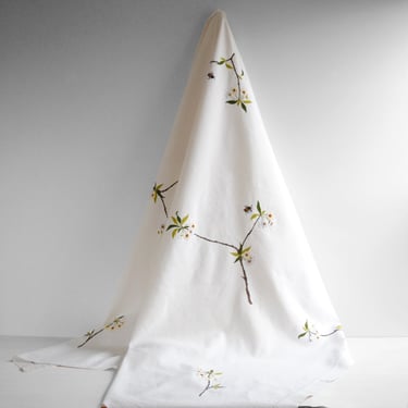 Vintage White Linen Tablecloth Embroidered with White Blossom Branches and Bumble Bees 6' x 5' 