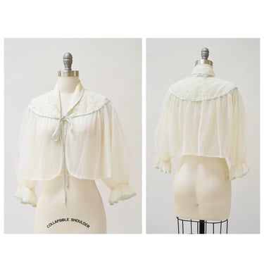60s 70s Vintage Peignoir Sheer Top Nightgown White Blue Shirt Small Medium Wedding Honeymoon Nightgown // Vintage Lingerie Peignoir Kathryn 