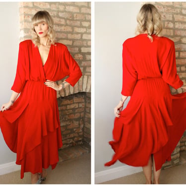 1980s Red Rhumba Rayon Dress 