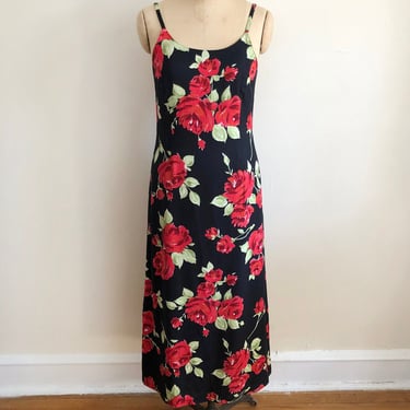 Laura Ashley Black and Red Floral Print Maxi Dress - 1990s 