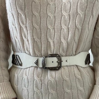 Vintage Womens White Leather Wide Silver Studded Retro Waist Belt Made in France 