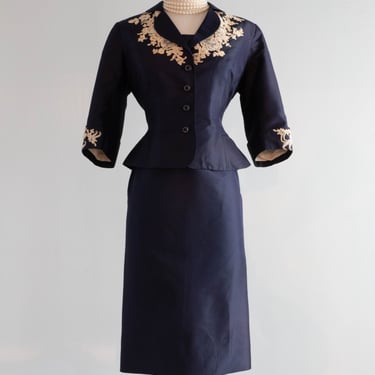 Elegant 1950's Navy Silk Set By Helene Beverly Hills / SM