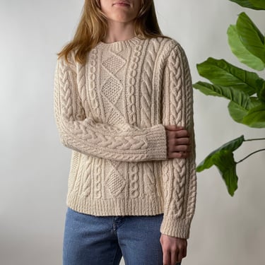 Vintage White Wool Blend Cableknit Crewneck Sweater, Medium 