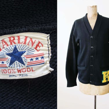 Vintage 50s Black Wool Cardigan S - 1950s Starline Collegiate Cardigan Wool Chenille K Baseball Patch - Athletic Cardigan Sweater 