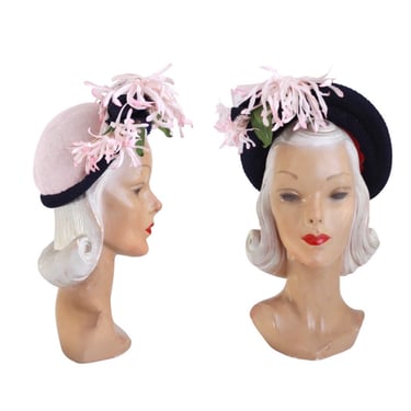 1940s Pale Pink & Navy Blue Halo Hat with Flower Trim - 1940s Pink Halo Hat - 1940s Pink Bonnet Hat - 40s Halo Bonnet Hat - 1940s Pink Hat 