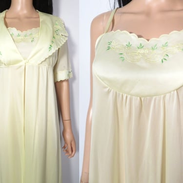 Vintage 70s Pastel Yellow Peignoir Set Dressing Robe And Nightgown Slip Dress Size M 