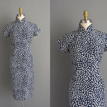 1960s vintage dress | Adorable Navy Blue Abstract Print Cheongsam Wiggle Dress | Large | 60s dress 