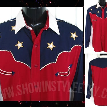 Vintage Western Retro Men's Cowboy and Rodeo Shirt by Roper, USA Red White & Blue, Embroidered Stars, Tag Size Med-Large (see meas. photo) 