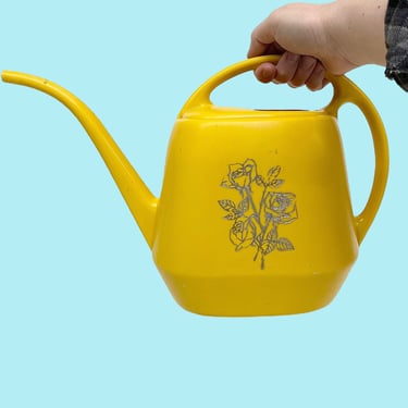 Vintage Watering Can Retro 1970s Bohemian + Yellow + Plastic + Sliver Flowers + Home and Gardening + Indoor or Outdoor + Water Plants 