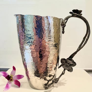 Micheal Aram Black Orchid and Hammered Water Pitcher ~ exquisite Wedding Gift, High End Dining Botanical Table Decor~ 