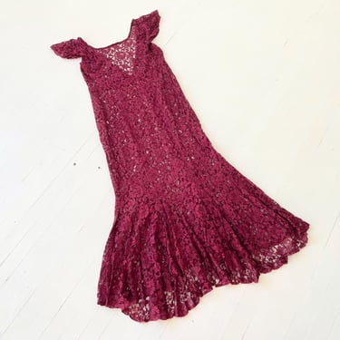 1930s Burgundy Red Lace Deep V Flutter Sleeve Dress 