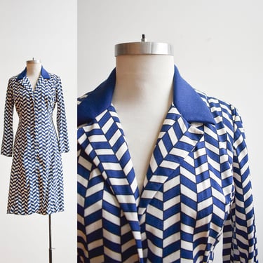 1970s Blue & White Geometric Print Shirt Dress 