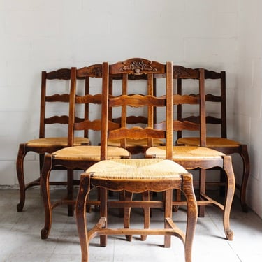 1940s French Louis XV style oak ladder back dining chairs, set of 6