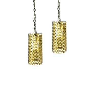 #1539 Pair of Pierced Brass Pendant Lights by Gino Sarfatti for Raymor