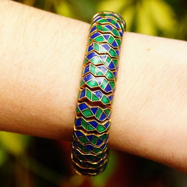 Vintage CINER Green & Blue Enamel Serpent Bracelet, Chunky Articulated Gold Tone Bracelet, Snake Skin Design, Gaudy, 15mm Wide, 7 1/4&quot; L 
