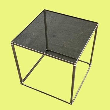 Vintage Side Table Retro 1980s Contemporary + Smokey Gray + Glass Top + Silver Metal Frame + Square or Cube Shape + Modern Furniture + Table 