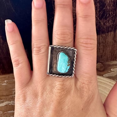 SHADOW BOXING Vintage Silver & Blue Turquoise Shadow Box Ring | Native American Navajo Style, Southwestern Jewelry | Size 9 