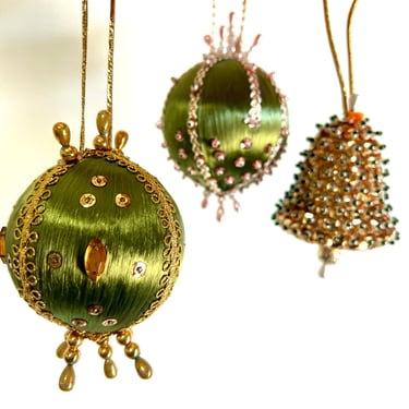 Vintage Satin and Beaded Push Pin Ornaments in Gold and Green 