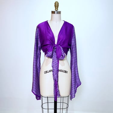 Bell Sleeve Sari Crop in Purple Iris Field