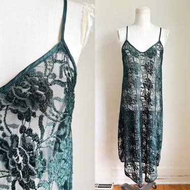 Vintage Forest Green Lace Slip / Slip Dress // M 