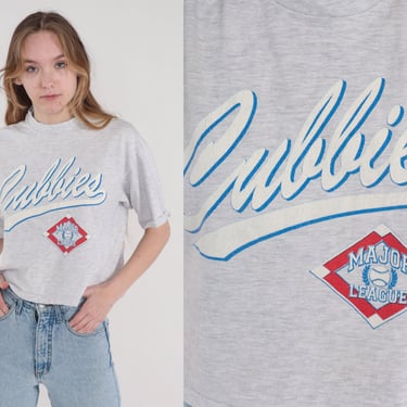 Cubbies T-Shirt 90s Chicago Cubs Shirt Baseball TShirt MLB Graphic Tee Single Stitch Sports Grey Boxy Crop Top Cropped Vintage 1990s Large L 