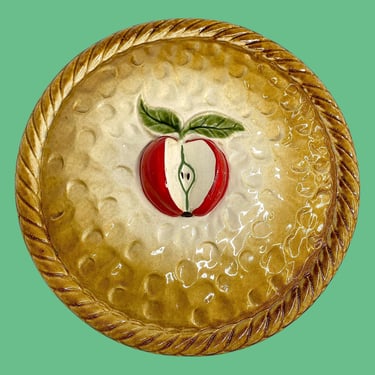 Vintage Apple Pie Keeper Retro 1980s Farmhouse + Ceramic + Pie Plate with Lid + Brown/Red/Green + Dessert Storage + Kitchen + Serving Pie 