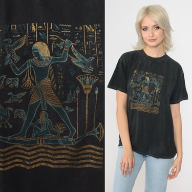 Vintage Egyptian Graphic Tee Shirt 90s Black Metallic Hieroglyphic Print Tshirt Short Sleeve T-Shirt Tourist Travel 1990s Small 