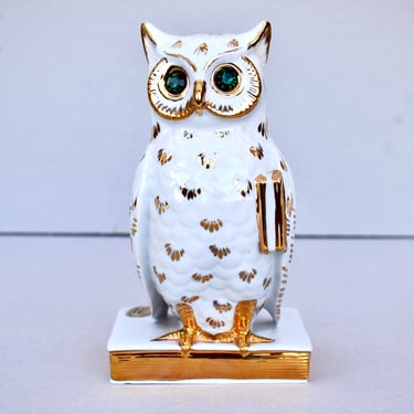 Vintage Capodimonte Porcelain Figurine  Owl Swarovski Stones Gild Home Decor Gilded Porcelain Figurine 