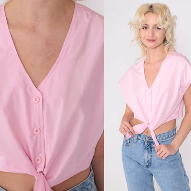Vintage Baby Pink Crop Top Pastel Tie Waist Cropped Shirt 80s Button Up Shirt V Neck Cotton Blend 1980s Retro Plain Short Cap Sleeve Medium 