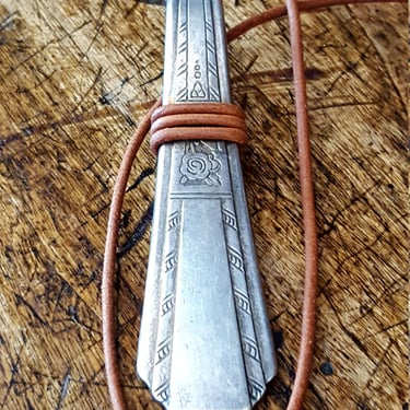 Leather Wrapped Silverware Necklace~SILVERWARE Pendant~Upcycled Vintage Silverware~Brown Leather~Boho Statement Necklace~JewelsandMetals. 