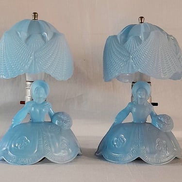 PAIR Vintage Art Deco Southern Bell Baby blue Glass Lady Boudoir Nightstand Table Lamps 