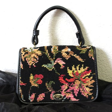 Vintage 1950s 60s Carpet Needlepoint Black Pink Tapestry Floral Handbag carpet bag Kelly / MCM 