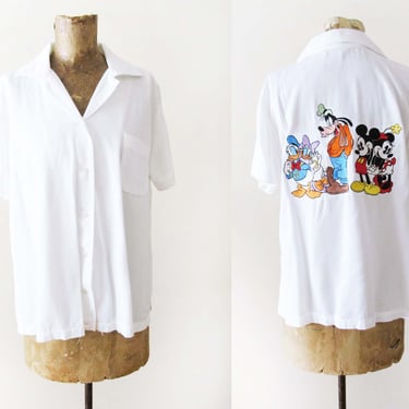 Vintage Disney Bowling Shirt S M - Womens 90s Embroidered Mickey Minnie Mouse Donald Duck Goofy Short Sleeve Button Up 