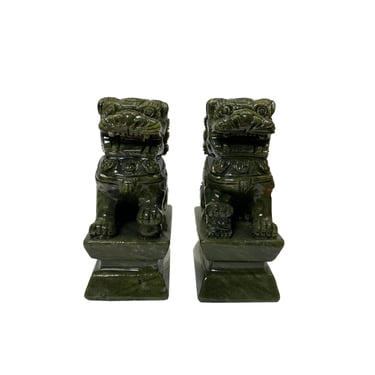 Pair Chinese Green Stone Foo Dog Lion Fengshui Figures 6