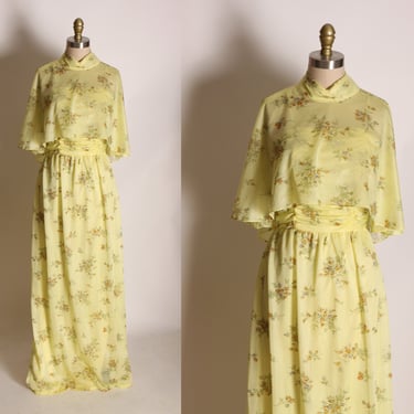 1970s Yellow and Tan Floral Spaghetti Strap Full Length Dress with Matching Sheer Shawl -S 