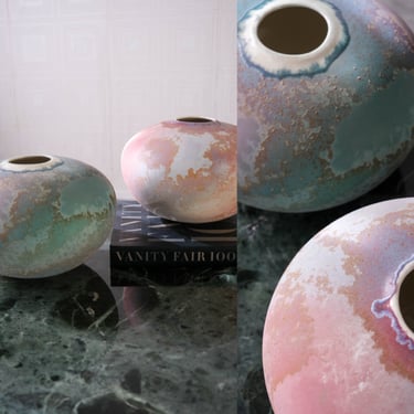 Vintage Signed Tony Evans Raku Pottery Seed Pot Pair Form | Set of Two | Raku Vase | Artisan, Ceramics | 1980s Collectible Japanese Pottery 