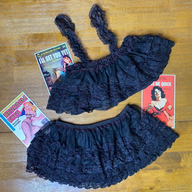 Vintage Black Lace Lingerie Set Bra and Skirt with Ruffles 1960s Babydoll  2 Piece Medium 